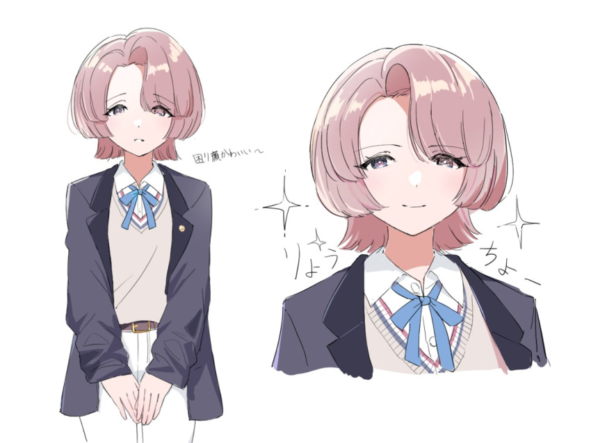1girl, arimura_mao, black_jacket, blazer, brown_hair, collared_shirt, gakuen_idolmaster, hair_over_one_eye
