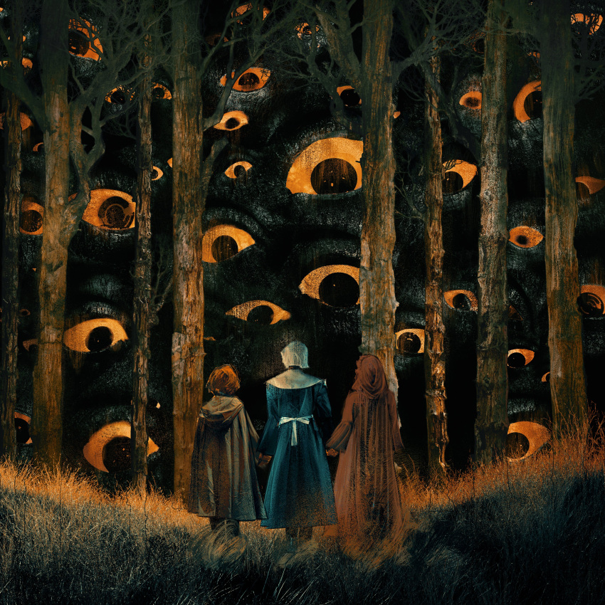 3girls, absurdres, black_robe, brown_robe, commentary, coreybrickley, english_commentary, forest