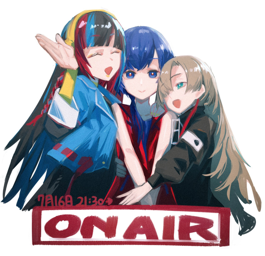 3girls, :>, black_coat, black_hair, blue_eyes, blue_hair, blue_jacket, blunt_bangs
