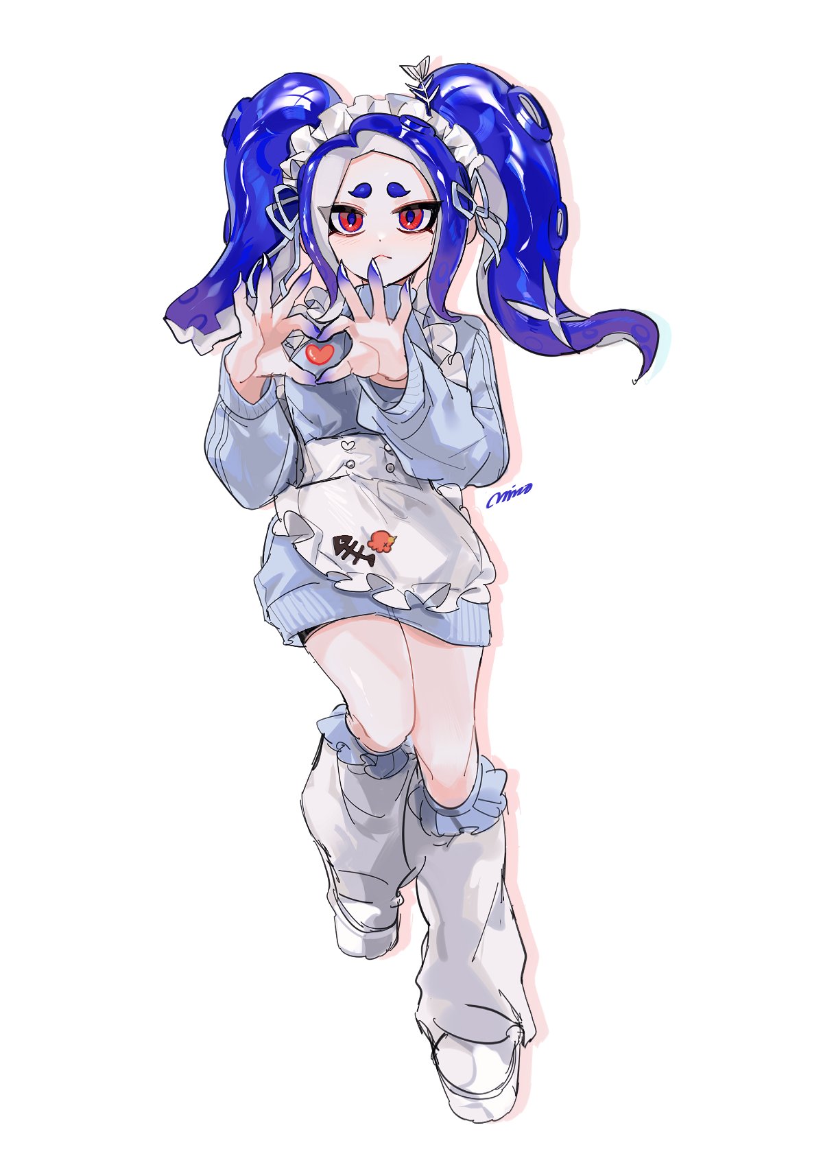 1girl, apron, blue_hair, closed_mouth, commentary_request, full_body, heart, heart_hands