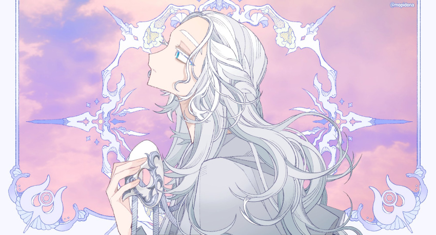 1girl, blue_eyes, border, closed_mouth, clouds, eogo_(mopidona), expressionless, final_fantasy