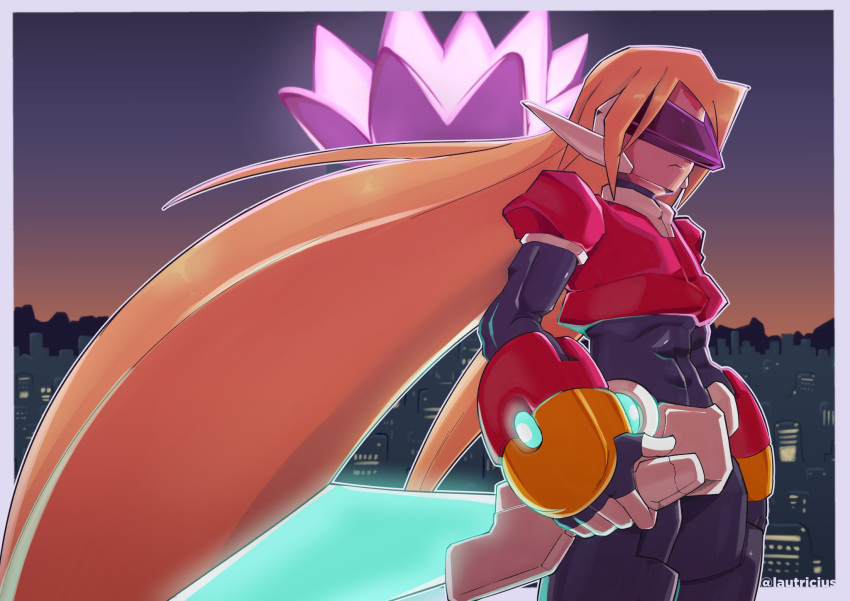 1boy, android, armor, assault_visor, blonde_hair, blurry, blurry_background, city
