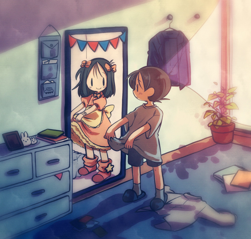 1boy, 1girl, black_hair, brown_hair, chest_of_drawers, closed_mouth, commentary_request, different_reflection