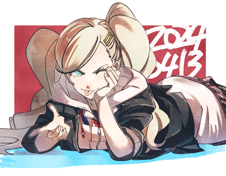 1girl, 2024, :p, blonde_hair, blue_eyes, border, commentary, dated, hair_ornament, hairclip, hood, hoodie, kuga_hotaru, long_hair, lying, on_stomach, one_eye_closed, outside_border, parted_bangs, persona, persona_5, red_background, simple_background, solo, swept_bangs, takamaki_anne, tongue, tongue_out, twintails, white_border, white_hoodie