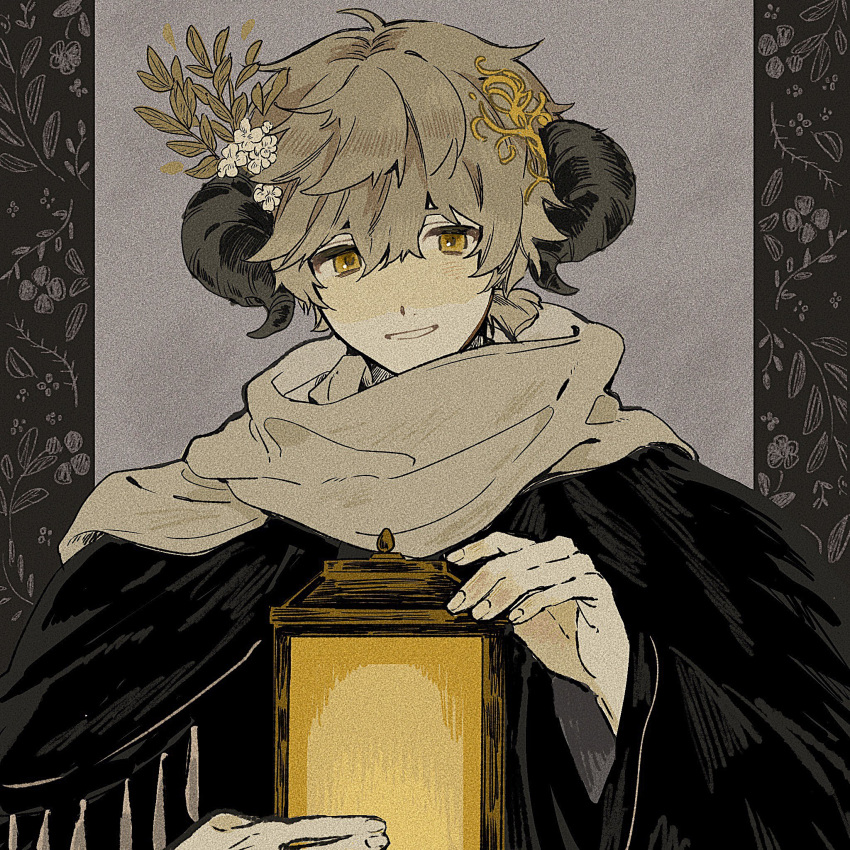 1boy, black_border, black_cloak, black_horns, black_jacket, border, brown_hair, cloak, curled_horns, flower, grey_background, hair_between_eyes, hair_flower, hair_ornament, highres, holding, holding_lantern, horns, jacket, lantern, leaf_hair_ornament, long_sleeves, looking_at_viewer, low_ponytail, male_focus, original, outside_border, parted_lips, pillarboxed, scarf, short_hair, simple_background, smile, solo, tareme, upper_body, white_flower, white_scarf, yellow_eyes, yubetoup