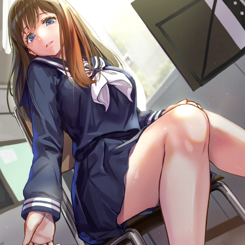 1girl, bare_legs, blue_eyes, blurry, blurry_background, brown_hair, depth_of_field, feet_out_of_frame