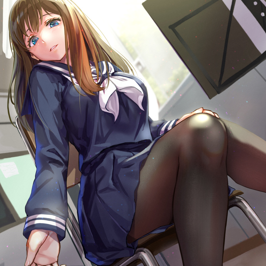 1girl, black_pantyhose, blue_eyes, blurry, blurry_background, brown_hair, depth_of_field, from_below, hand_on_own_knee, hibike!_euphonium, highres, indoors, knees_together_feet_apart, kuroe_mayu, light_particles, long_hair, long_sleeves, looking_at_viewer, looking_down, misogi_(misogi1341), music_stand, neckerchief, pantyhose, parted_lips, pleated_skirt, sailor_collar, school_uniform, serafuku, shirt, sidelocks, sitting, skirt, solo, thighs, window