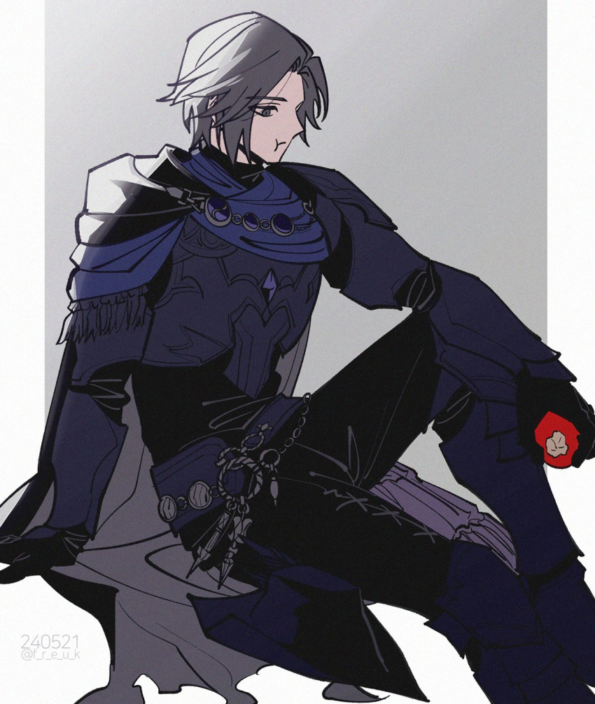 1girl, :t, androgynous, apple, arm_support, armor, black_cape, black_eyes