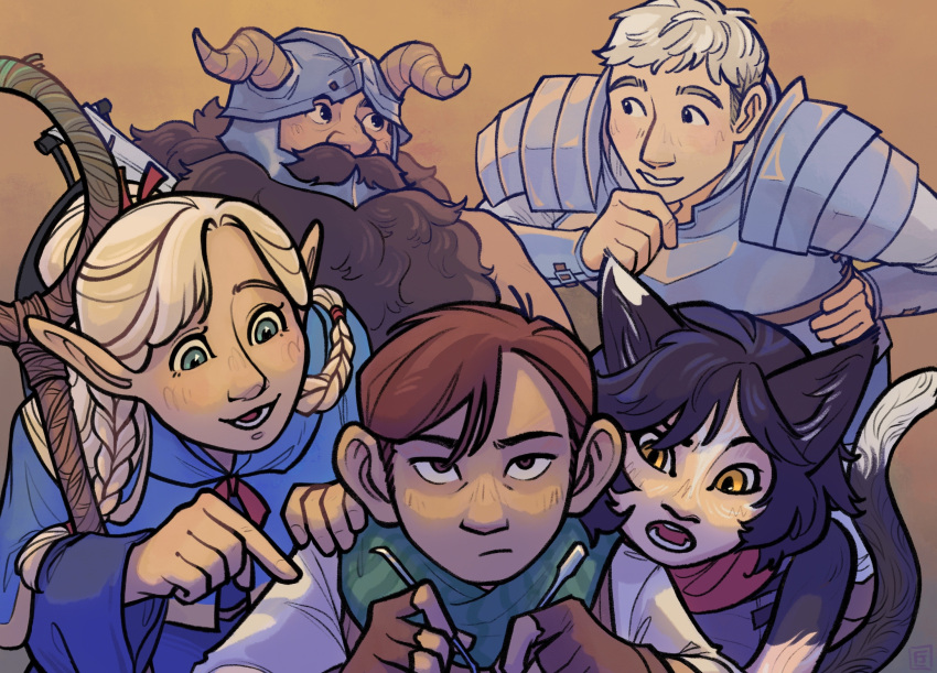 2girls, 3boys, :d, :o, ambrosia_(dungeon_meshi), animal_ears, armor, black_hair, braid, brown_background, brown_gloves, brown_hair, cat_ears, cat_tail, chilchuck_tims, dungeon_meshi, elf, emilye_draws, facial_hair, fake_horns, fingerless_gloves, gloves, green_eyes, hand_on_own_hip, helmet, highres, horned_helmet, horns, izutsumi, laios_touden, leaning_forward, lockpick, marcille_donato, multiple_boys, multiple_girls, mustache, pointy_ears, robe, senshi_(dungeon_meshi), smile, staff, tail, yellow_eyes