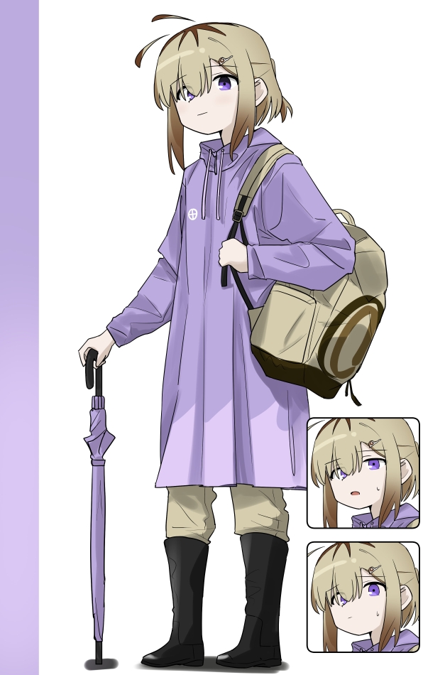 1girl, antenna_hair, backpack, bag, boots, brown_hair, gruppe, light_brown_hair
