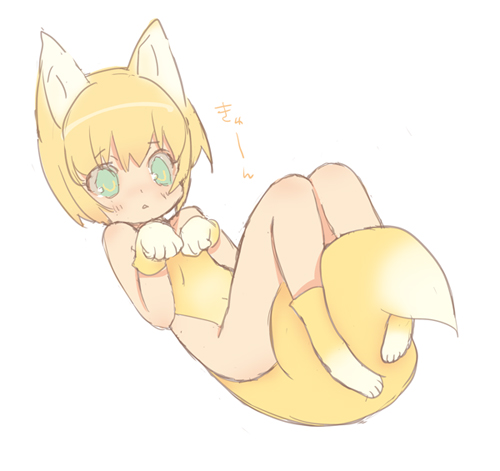 between_legs, blade_(artist), blade_(lovewn), blonde_hair, blue_eyes, fox_ears, fox_tail, gloves, green_eyes, lowres, lying, on_back, paw_gloves, paw_pose, personification, prez_(star_driver), short_hair, simple_background, sketch, solo, star_driver, tail, tail_between_legs, tail_hug