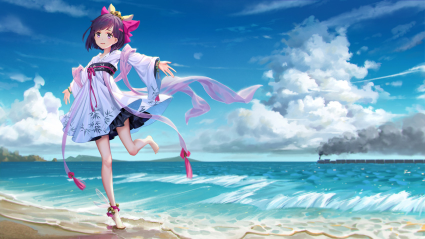 1girl, absurdres, azen_huyue, barefoot, beach, blue_sky, bow, chinese_clothes