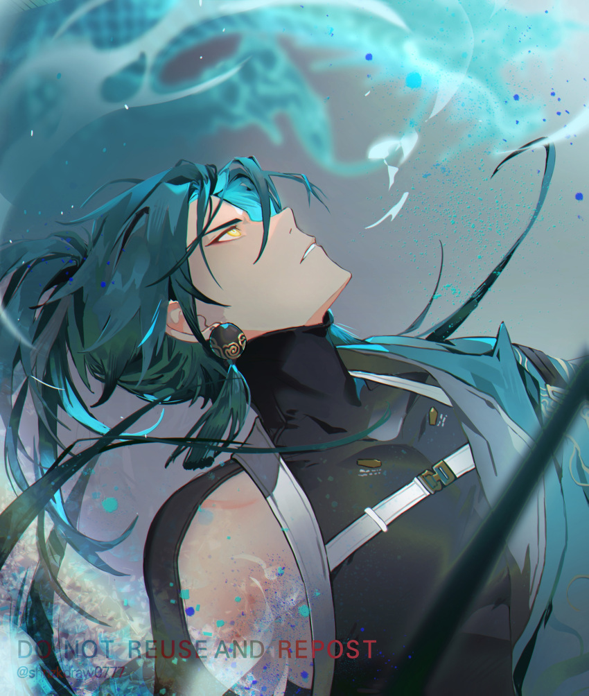 1boy, absurdres, black_shirt, commentary, earrings, english_commentary, eyeliner, green_hair