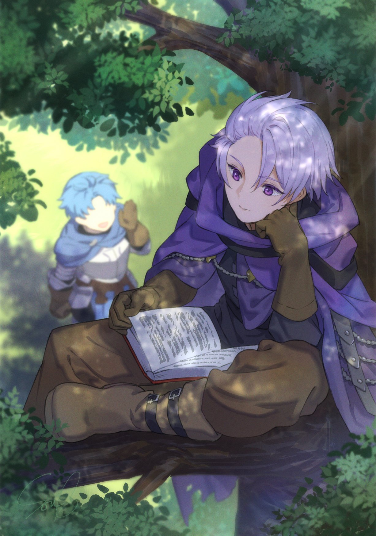 2boys, alain_(unicorn_overlord), armor, blue_hair, book, boots, cloak, gloves