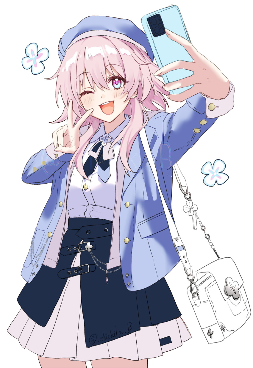 1girl, :d, absurdres, bag, beret, black_bow, black_bowtie, black_skirt, blazer, blue_eyes, blue_hat, blue_jacket, bow, bowtie, buttoned_cuffs, buttons, cellphone, collared_shirt, commentary, cowboy_shot, hair_between_eyes, hand_up, handbag, hat, highres, holding, holding_phone, honkai:_star_rail, honkai_(series), jacket, layered_skirt, legs_apart, long_hair, looking_at_phone, march_7th_(apparel)_(honkai:_star_rail), march_7th_(honkai:_star_rail), miniskirt, official_alternate_costume, one_eye_closed, open_clothes, open_jacket, open_mouth, phone, pink_eyes, pink_hair, pink_pupils, pleated_skirt, revision, school_uniform, selfie, shichika_b, shirt, sidelocks, simple_background, skirt, smartphone, smile, solo, symbol-only_commentary, teeth, twitter_username, two-tone_eyes, upper_teeth_only, v, white_background, white_shirt, white_skirt
