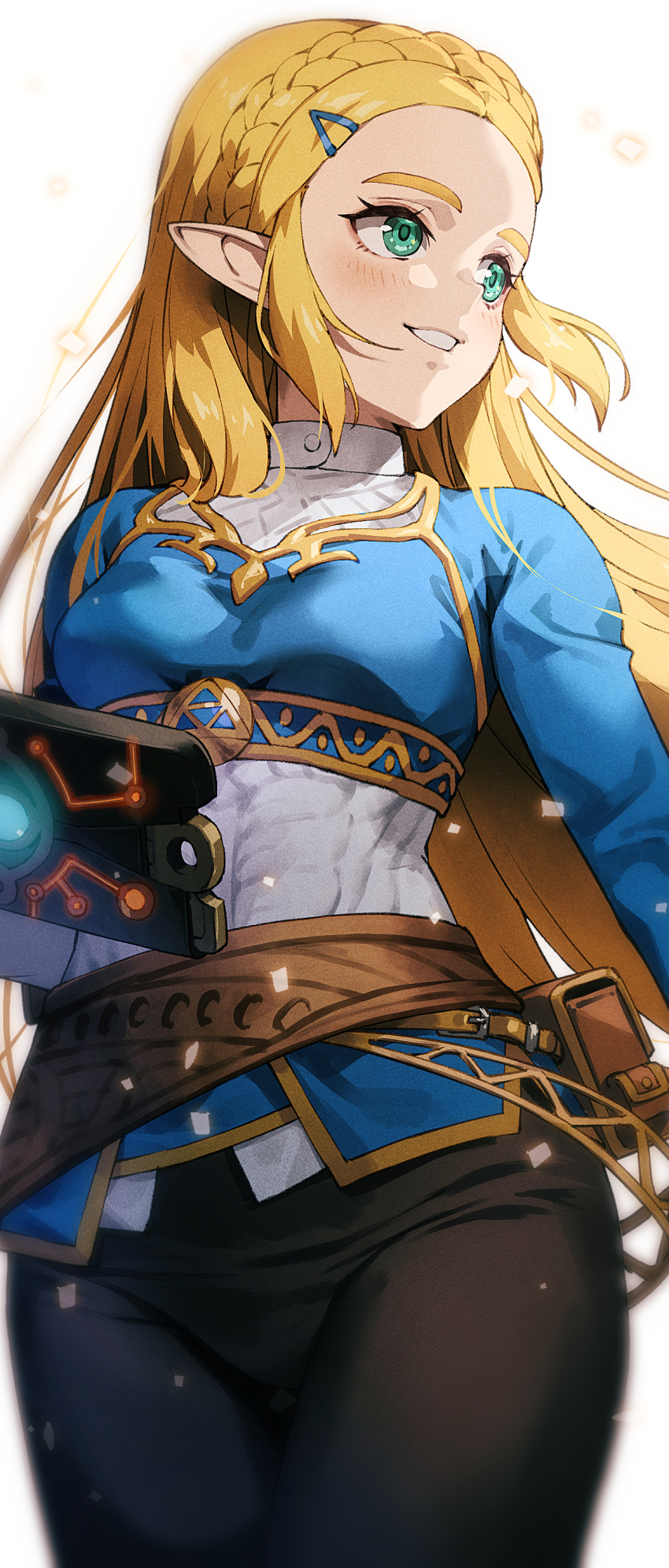 1girl, absurdres, belt_pouch, black_pants, blonde_hair, blue_shirt, braid, breasts
