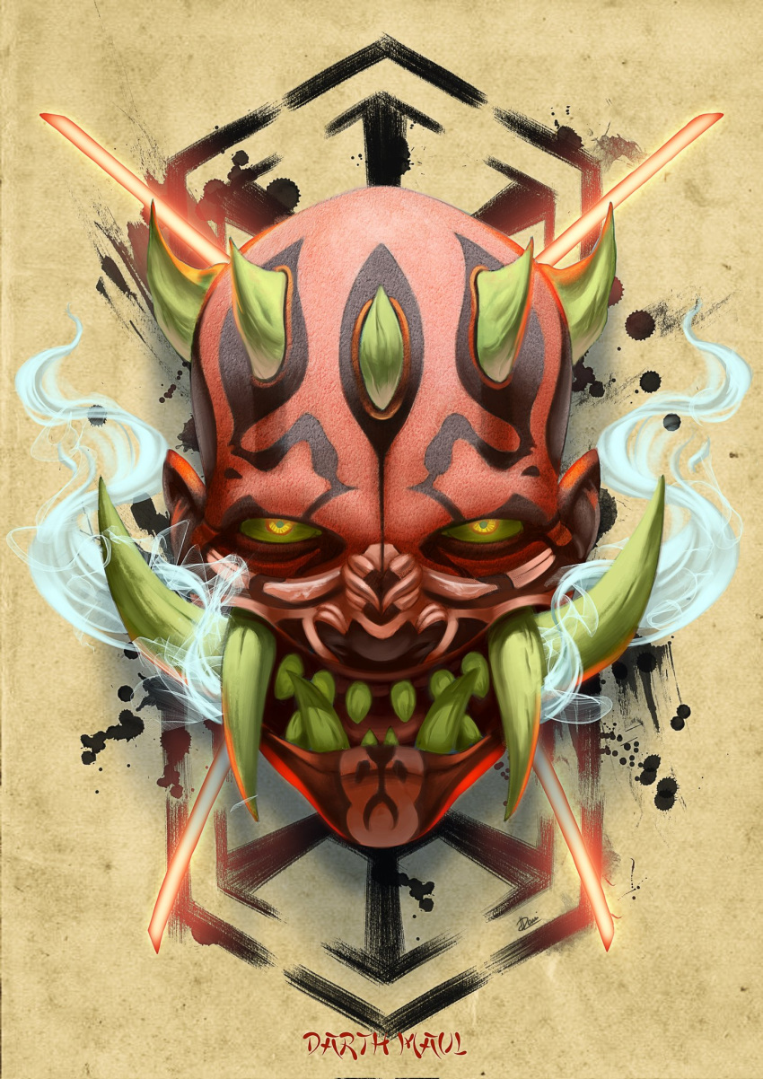 1boy, alien, bald, character_name, colored_skin, darth_maul, double_bladed_lightsaber, energy_sword