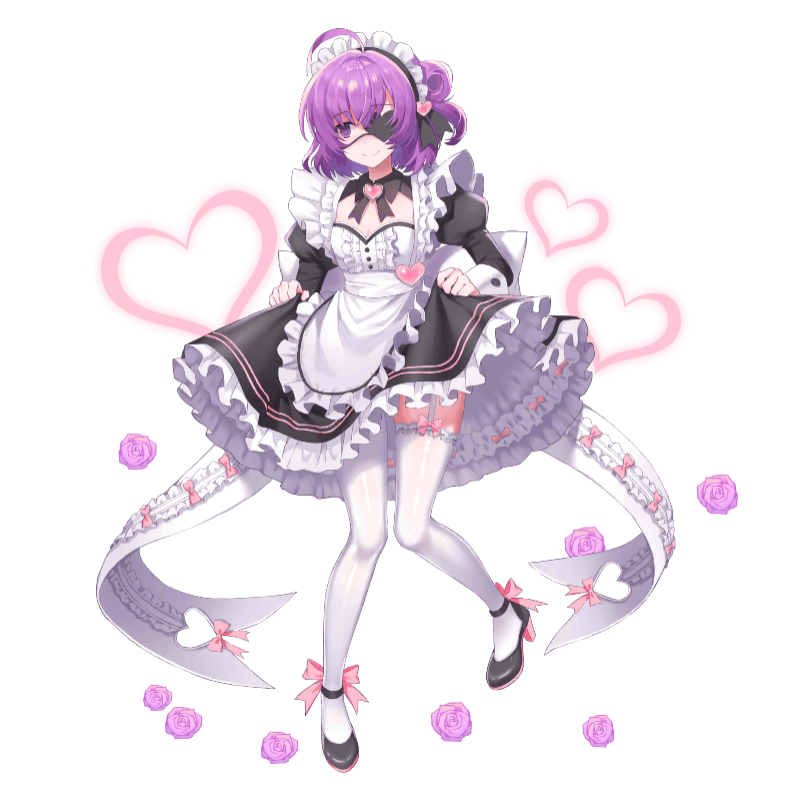 1girl, ahoge, alternate_costume, apron, artist_request, back_ribbon, black_dress, black_footwear, black_sleeves, bow, bow_legwear, buttoned_cuffs, buttons, center_frills, cleavage_cutout, closed_mouth, clothes_lift, clothing_cutout, double_horizontal_stripe, dress, dress_bow, dress_lift, eyepatch, final_gear, flower, footwear_bow, frilled_apron, frilled_ribbon, frills, full_body, garter_straps, hair_between_eyes, half_updo, headband_ribbon, heart, heart-shaped_hole, heart_eyepatch, heart_ornament, high_heels, horizontal-striped_dress, juliet_sleeves, lace-trimmed_thighhighs, legs_apart, long_sleeves, looking_to_the_side, maid_headdress, murasaki_(final_gear), neck_ribbon, official_art, one_eye_covered, parted_lips, pink_bow, pink_flower, pink_rose, puffy_sleeves, purple_hair, ribbon, rose, shoe_strap, short_hair, simple_background, sleeve_cuffs, smile, solo, tachi-e, thigh-highs, third-party_source, white_apron, white_background, white_garter_straps, white_ribbon, white_sleeve_cuffs, white_thighhighs