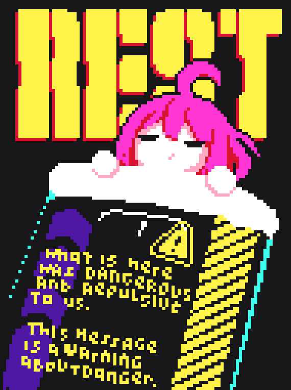 1girl, ahoge, animated, animated_gif, black_background, closed_eyes, english_text, long-term_nuclear_waste_warning_message, lynte, original, pink_hair, pixel_art, short_hair, sign, simple_background, sleeping, solo, warning_sign