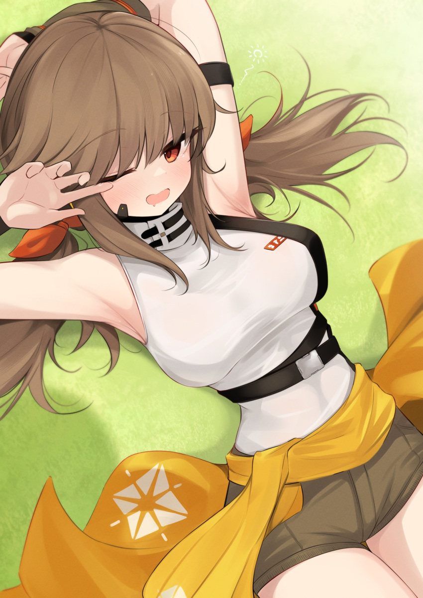 1girl, armpits, arms_up, breasts, brown_hair, clothes_around_waist, falcon_(girls'_frontline), girls'_frontline_neural_cloud, girls_frontline, highres, lying, ohichi16, on_back, one_eye_closed, red_eyes, short_shorts, shorts, sleepy, sleeveless, sockdolager_(neural_cloud), solo