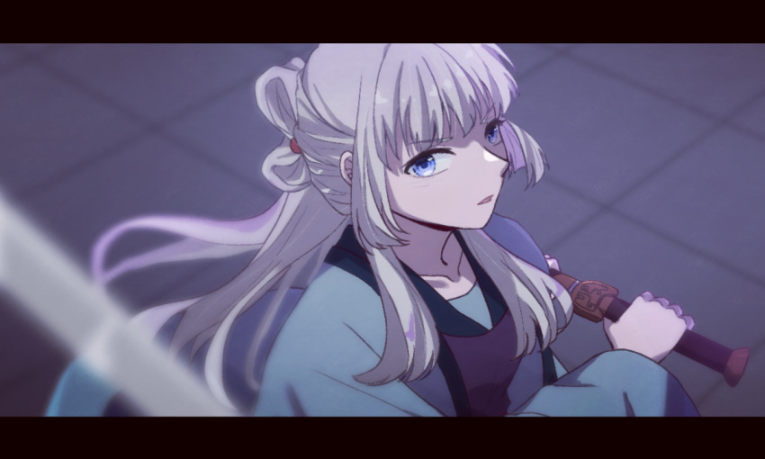 1girl, bai_yuxiu, blue_eyes, chinese_clothes, duijin_ruqun, fengling_yuxiu, grey_hair, hanfu