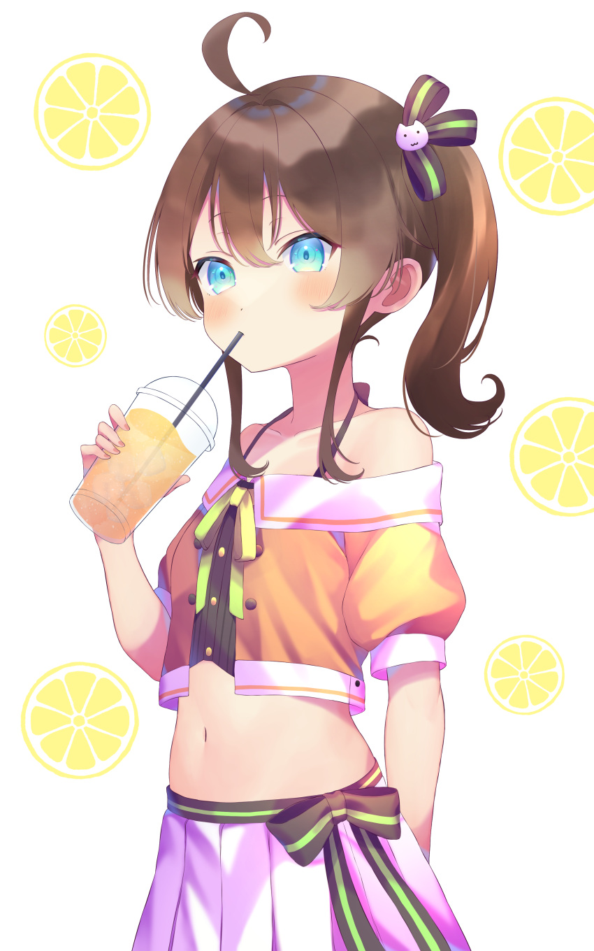 1girl, absurdres, ahoge, blue_eyes, blush, brown_hair, cropped_jacket, cup