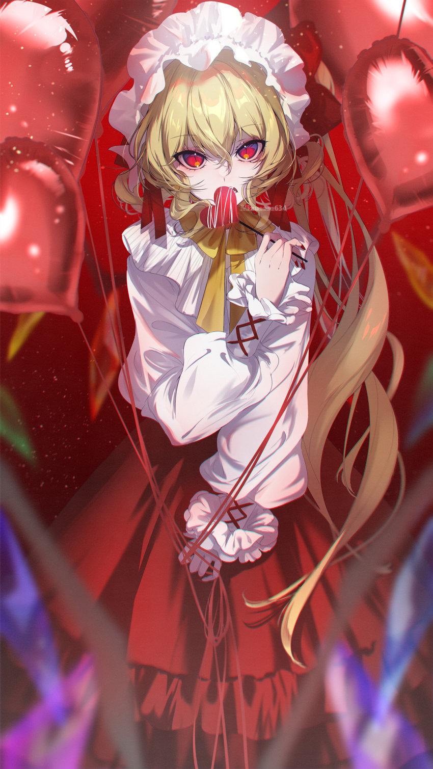 1girl, absurdres, balloon, blonde_hair, candy, crystal, dress, fingernails, flandre_scarlet, food, hat, highres, lollipop, long_fingernails, long_hair, long_sleeves, looking_at_viewer, mob_cap, nail_polish, one_side_up, open_mouth, puffy_long_sleeves, puffy_sleeves, red_dress, red_eyes, red_nails, sharp_fingernails, shirt, slit_pupils, soi_soi_(mixueeee634), solo, touhou, white_hat, white_shirt, wings