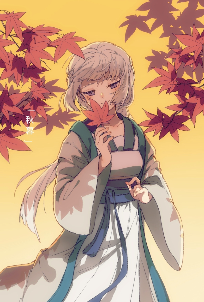 1girl, autumn_leaves, bai_yuxiu, bitr_x, chinese_clothes, duijin_ruqun, fengling_yuxiu, grey_hair