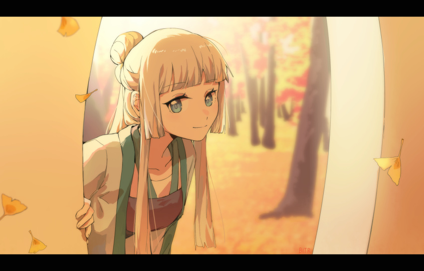 1girl, autumn, autumn_leaves, bai_yuxiu, bitr_x, blonde_hair, blue_eyes, blunt_bangs