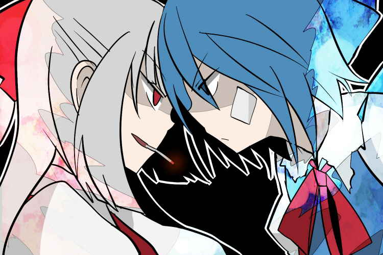 angry, cigarette, cirno, eye_contact, fujiwara_no_mokou, kona_sleipnir, multiple_girls, touhou
