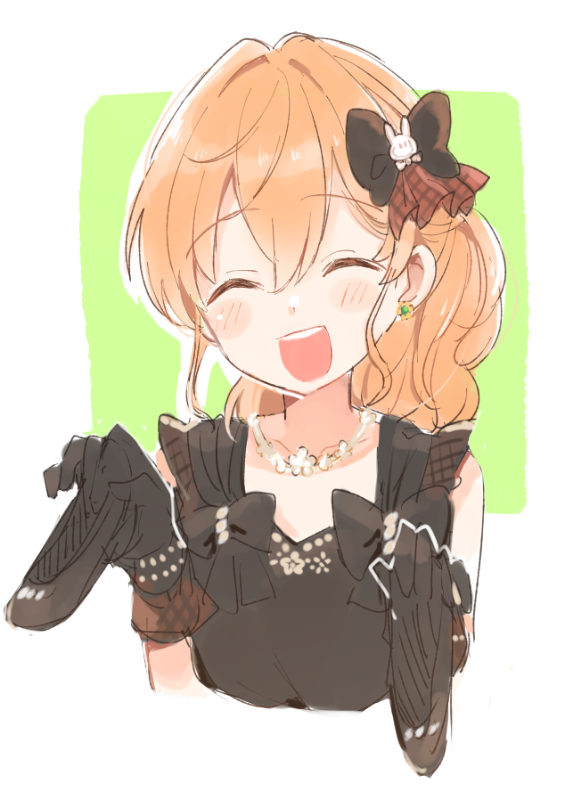 1girl, ^_^, black_bow, black_dress, bluesky021, blush, bow, closed_eyes