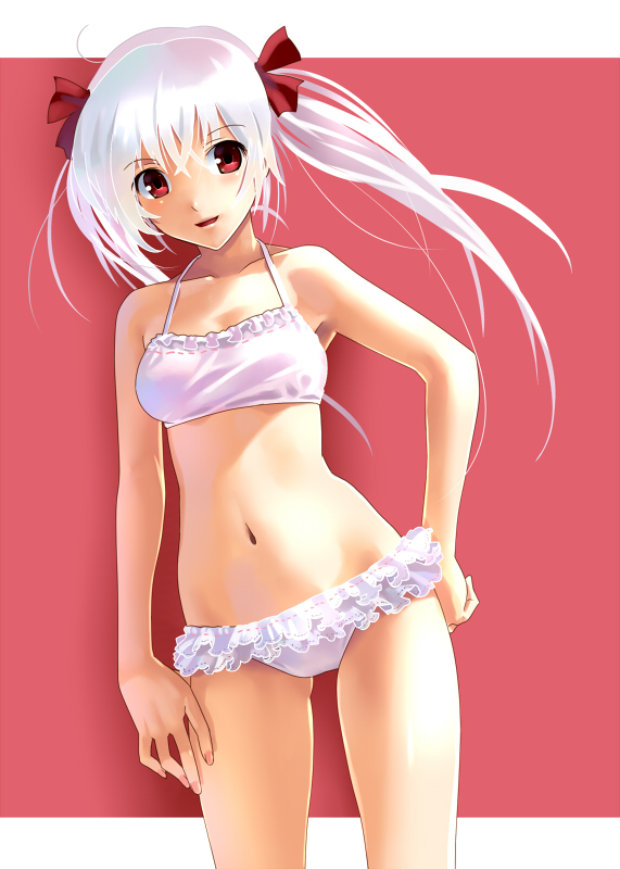 bare_shoulders, bikini, bow, collarbone, frilled_bikini, frills, hair_bow, hand_on_hip