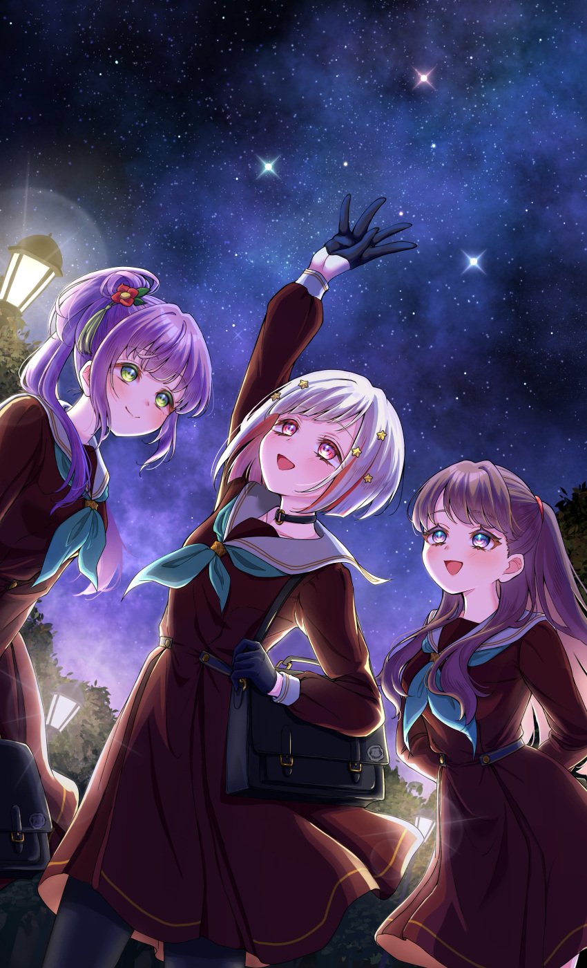 3girls, absurdres, aqua_neckerchief, arm_up, arms_behind_back, bag, black_bag, black_choker