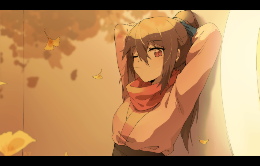 1girl, arms_behind_head, arms_up, bitr_x, brown_eyes, brown_hair, falling_leaves, feng_ling'er