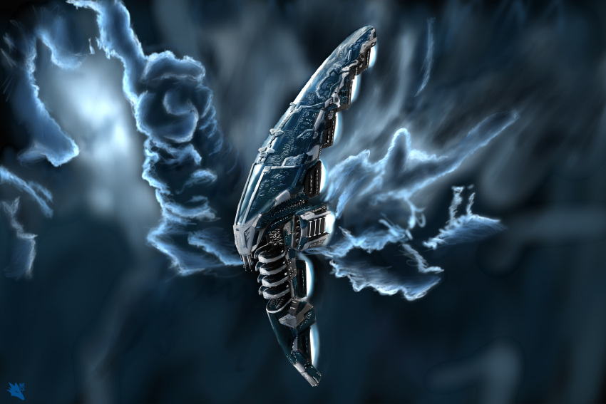 blue_theme, capital_ship_(eve_online), clouds, commentary, concept_art, eve_online, exploration_ship_(eve_online), flying, gallente_federation_(eve_online), glowing, highres, no_humans, novafox, original, pirate_faction_(eve_online), science_fiction, servant_sisters_of_eve, spacecraft, thrusters, vehicle_focus
