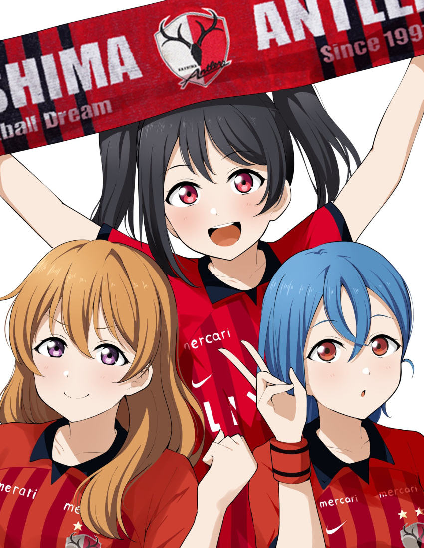 3girls, barkhorn0331, black_hair, blue_hair, clenched_hand, closed_mouth, collared_shirt, commentary_request