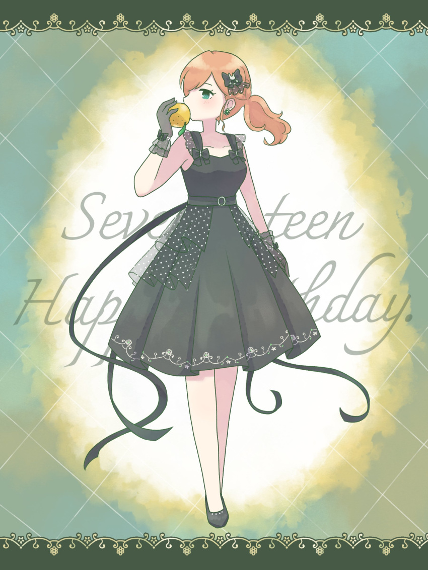 1girl, absurdres, black_bow, black_dress, black_footwear, black_gloves, bow, character_age