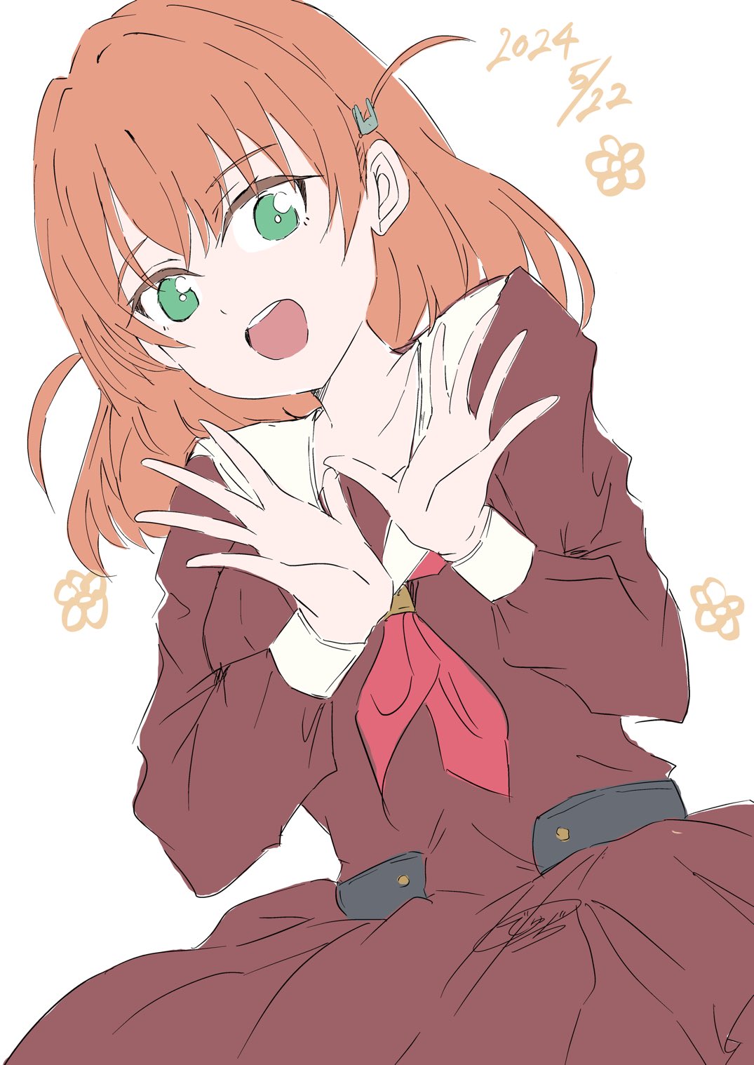 1girl, :d, brown_dress, collarbone, commentary_request, crossed_bangs, dated, dhuno_g