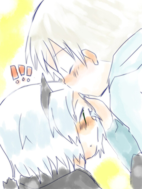 animal_ears, blonde_hair, blush, closed_eyes, eila_ilmatar_juutilainen, forehead_kiss, green_eyes, hoodie
