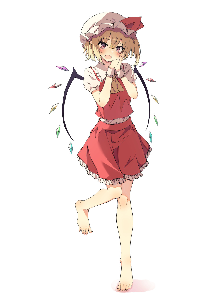 1girl, :d, absurdres, ascot, bare_legs, barefoot, blonde_hair, breasts, commentary_request, crystal, fang, flandre_scarlet, frilled_shirt_collar, frilled_skirt, frilled_wrist_cuffs, frills, full_body, hat, hat_ribbon, highres, ioenami, mob_cap, puffy_short_sleeves, puffy_sleeves, red_eyes, red_ribbon, red_skirt, red_vest, ribbon, seika_okawari, shirt, short_hair, short_sleeves, side_ponytail, simple_background, skin_fang, skirt, small_breasts, smile, solo, standing, toes, touhou, vest, white_background, white_hat, white_shirt, white_wrist_cuffs, wrist_cuffs, yellow_ascot