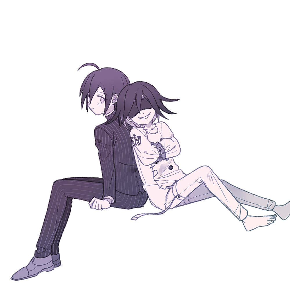 1202_koge, 2boys, ahoge, back-to-back, barefoot, belt, belt_buckle, black_blindfold