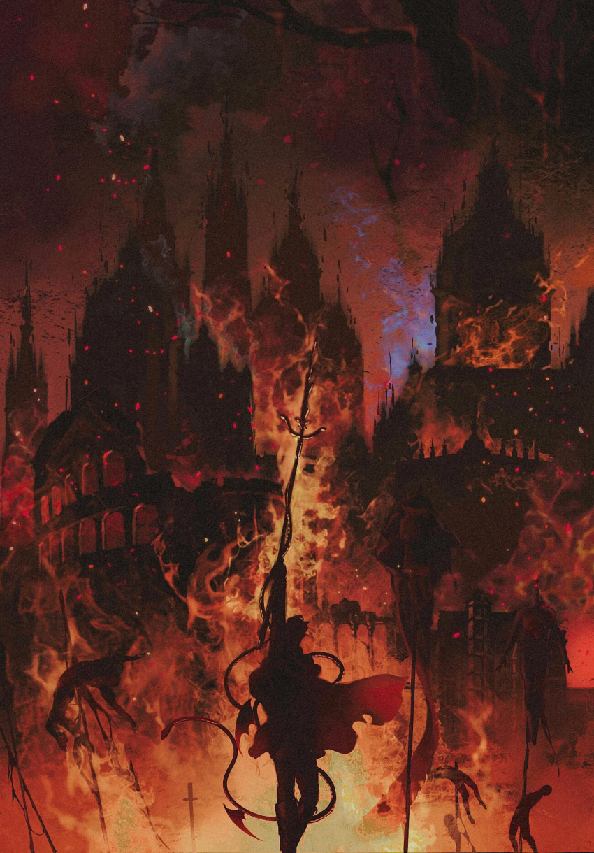 1boy, armor, arson, burning, burning_building, city, elden_ring, elden_ring:_shadow_of_the_erdtree