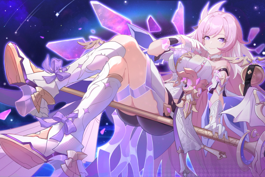 1girl, absurdres, anjilu, ass, bare_shoulders, black_shorts, boots, breasts