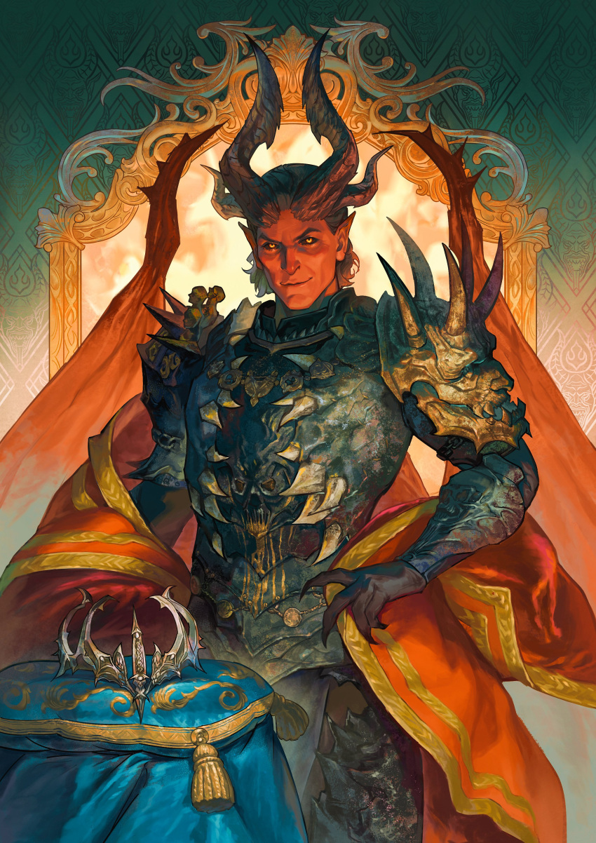 >:), 1boy, 7d_(fyf7), absurdres, armor, baldur's_gate, baldur's_gate_3, black_gloves, black_hair, black_horns, black_sclera, breastplate, colored_sclera, colored_skin, cowboy_shot, crown, cushion, demon_boy, demon_horns, demon_wings, dungeons_&amp;_dragons, fingernails, gloves, green_background, hand_on_own_hip, highres, horns, looking_at_viewer, male_focus, mirror, pauldrons, raphael_(baldur's_gate), red_skin, sharp_fingernails, shawl, short_hair, shoulder_armor, smirk, solo, standing, tassel, unworn_crown, v-shaped_eyebrows, wings, yellow_eyes