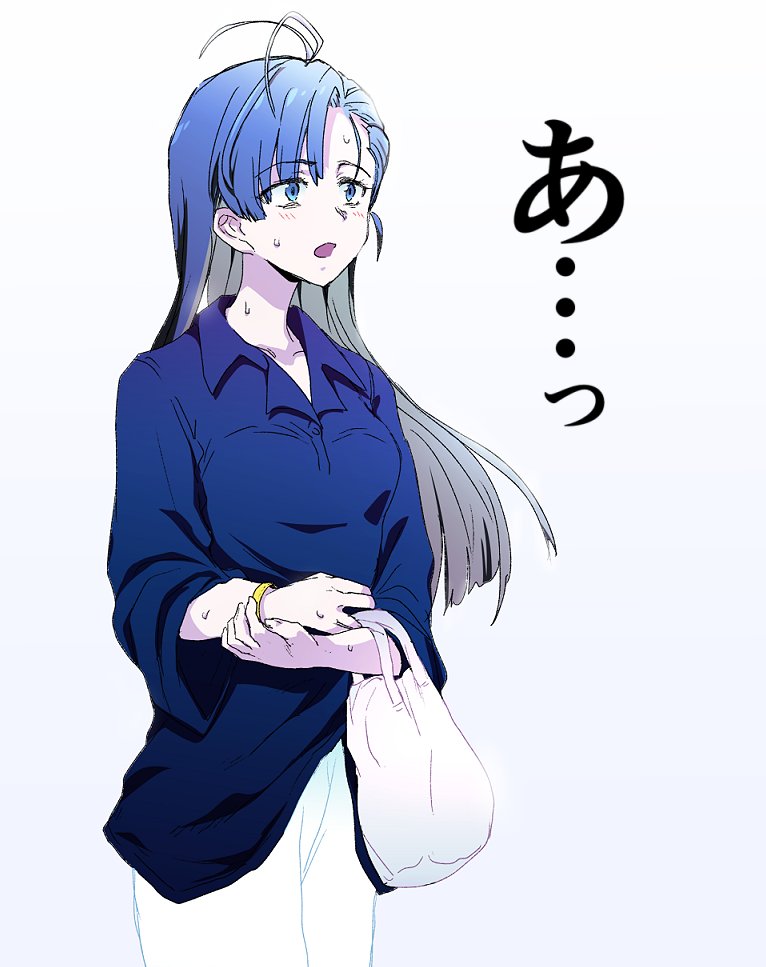 1girl, ado_(utaite), ahoge, bag, blue_eyes, blue_hair, bracelet, breasts
