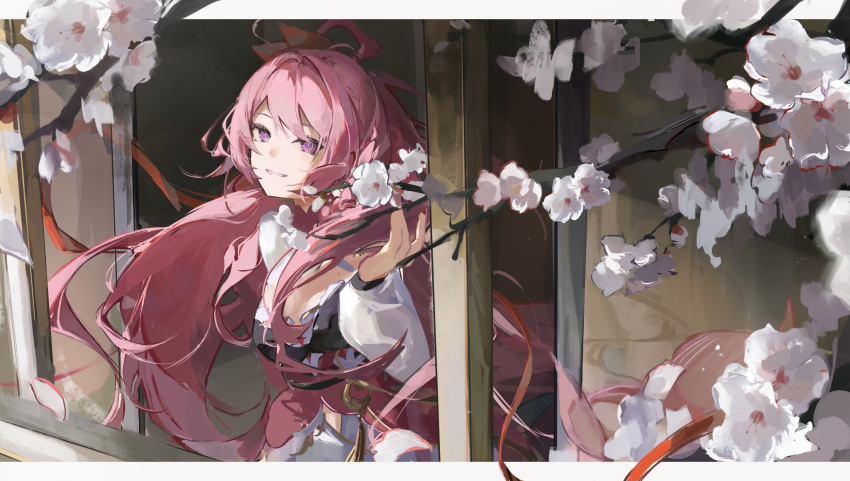 1girl, branch, breasts, ch_20230721, dress, elysia_(herrscher_of_human:ego)_(honkai_impact), elysia_(honkai_impact), elysia_(peachy_spring)_(honkai_impact)