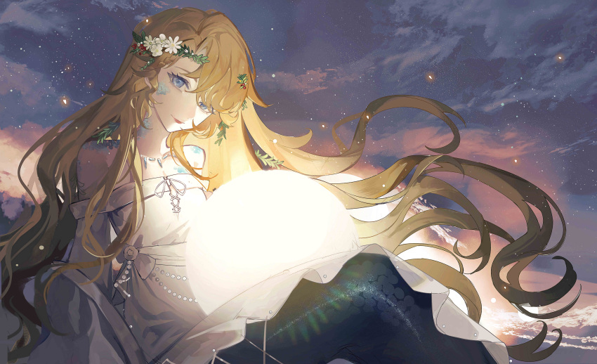 1girl, absurdres, arm_support, ball, bare_shoulders, blonde_hair, blue_eyes, blue_sky