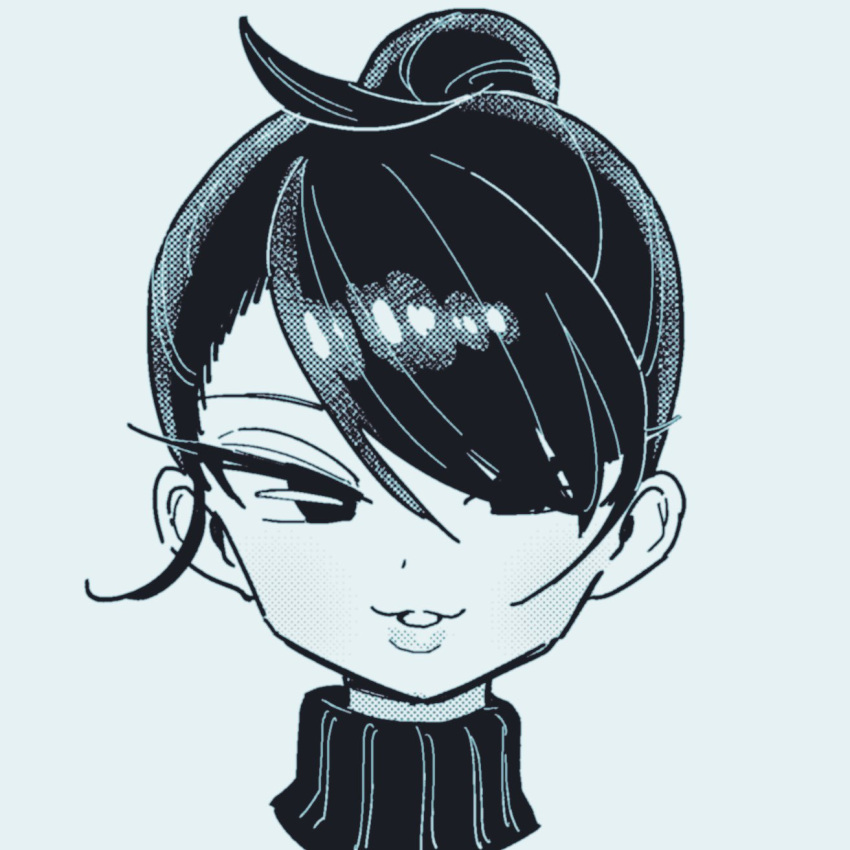 1girl, ahoge, eisu_(eith), eyelashes, greyscale, hair_between_eyes, hair_bun, hair_over_one_eye