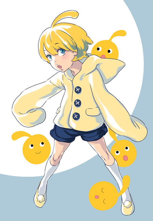 :o, ahoge, blonde_hair, blue_eyes, child, hoodie, kneehighs, kulche