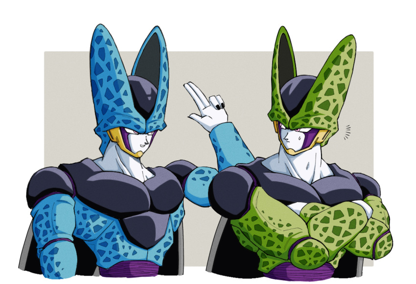 2boys, aged_up, cell_(dragon_ball), cell_junior, commentary_request, crossed_arms, dragon_ball, dragon_ball_z